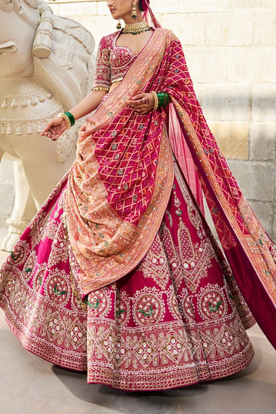 Fuchsia pink bird embroidered lehenga set