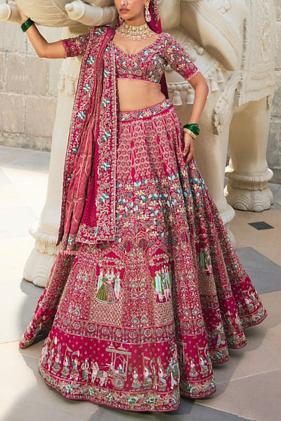 Rani pink wedding scene embroidery lehenga set