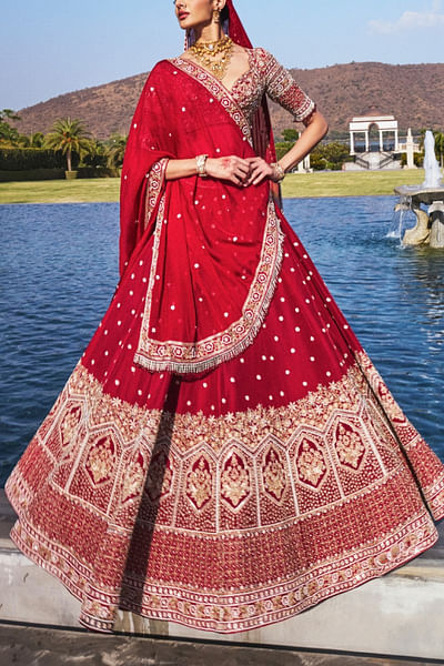 Blood red floral embroidery lehenga set