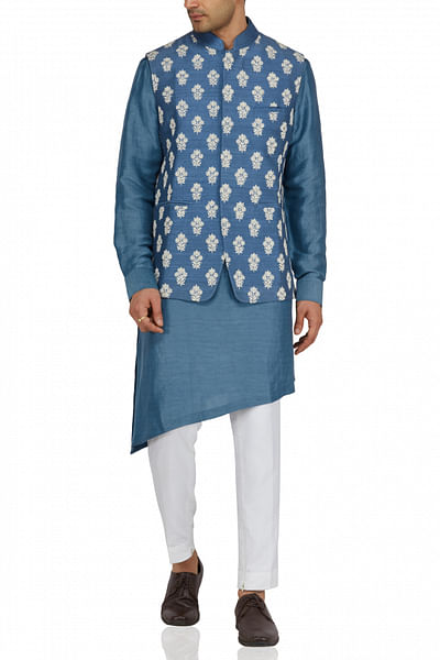 Teal blue asymmetric kurta set with bandi jacket