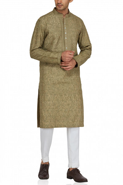 Olive green kurta with off white pants