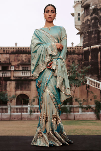 Jadon Turquoise handwoven embroidered lehenga set JADOAUG26D153763