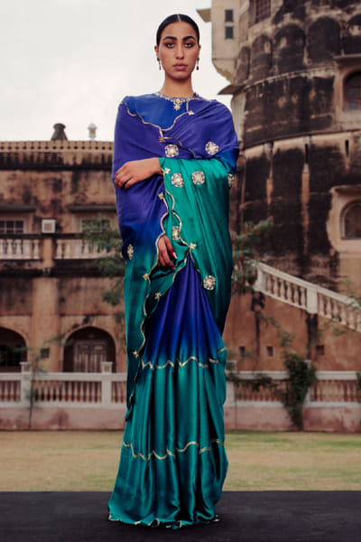 Jadon Blue and green embroidered sari JADOAUG26D153764