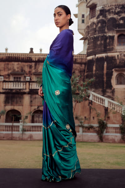 Jadon Blue and green embroidered sari JADOAUG26D153764