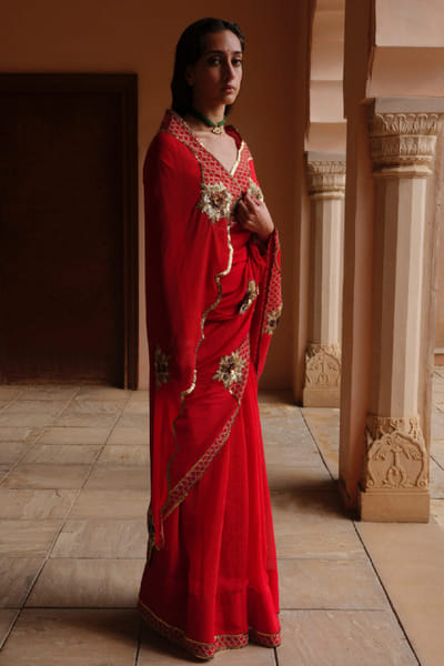 Jadon Red pita embroidered sari JADOAUG26D153754