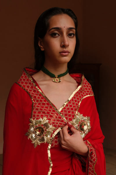 Jadon Red pita embroidered sari JADOAUG26D153754