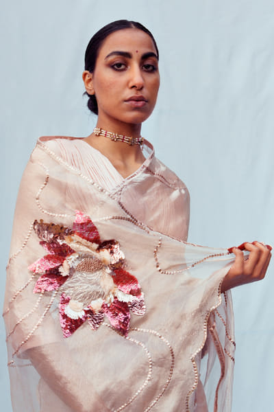 Jadon Peach motif embroidered sari JADOAUG26D153757