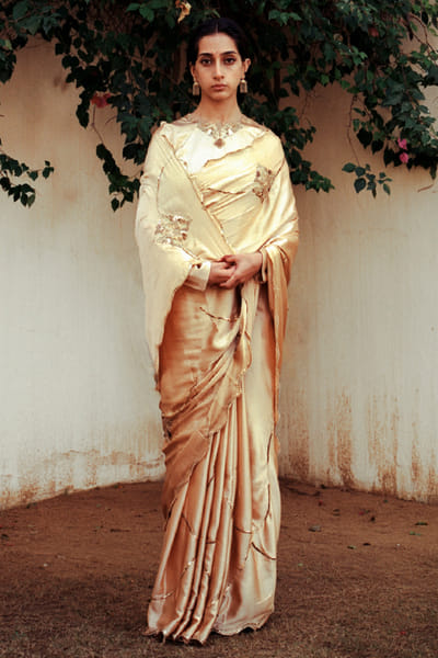 Jadon Champagne gold embroidered sari JADOAUG26D153760