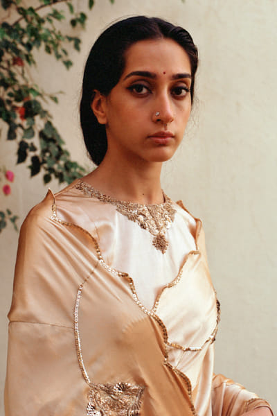 Jadon Champagne gold embroidered sari JADOAUG26D153760