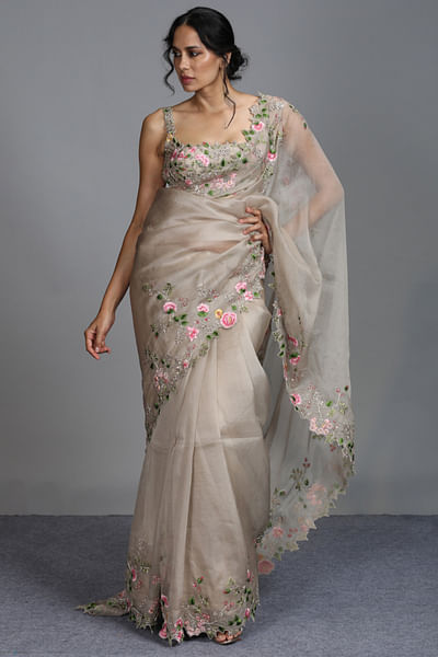 Ivory floral embroidered organza sari set