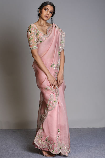Dusty rose embroidered organza sari