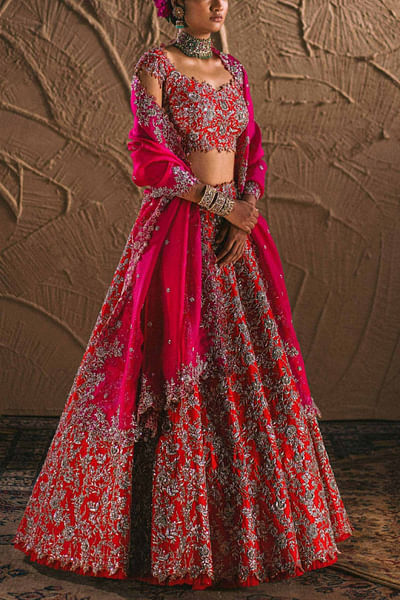 Red embroidered organza lehenga set
