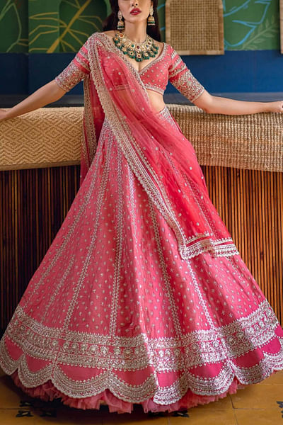 Red raw silk lehenga set