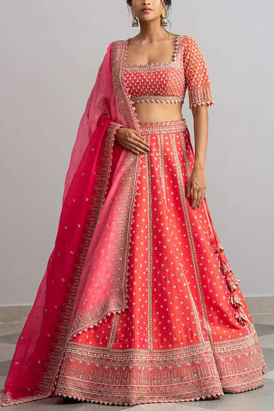 Red raw silk lehenga set