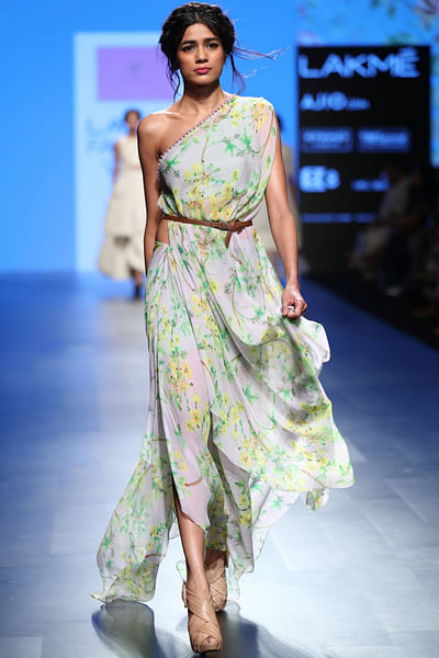 Blue floral off-shoulder drape dress