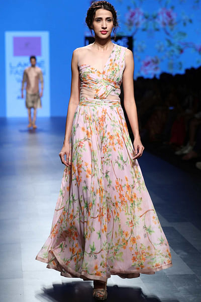 Pink floral chiffon draped gown