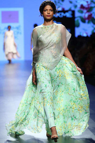 Sea green floral chiffon draped gown