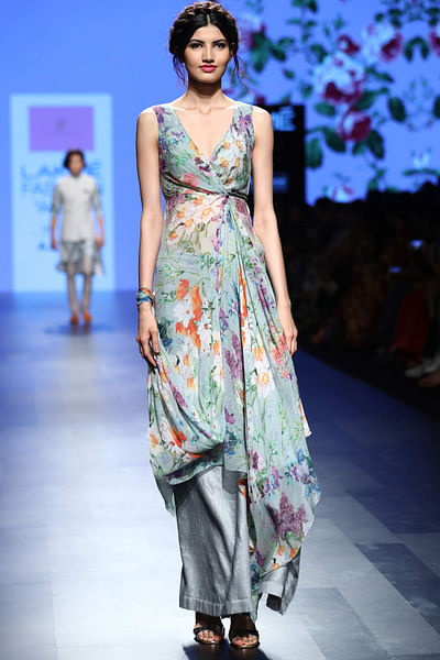 Blue floral chiffon draped top and dress