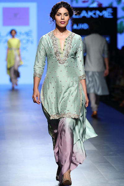 Mint green silk kurta with shaded draped skirt