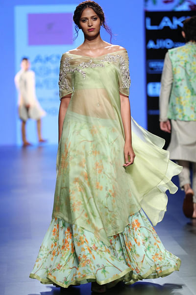 Sea green floral skirt with embroidered cape and bustier