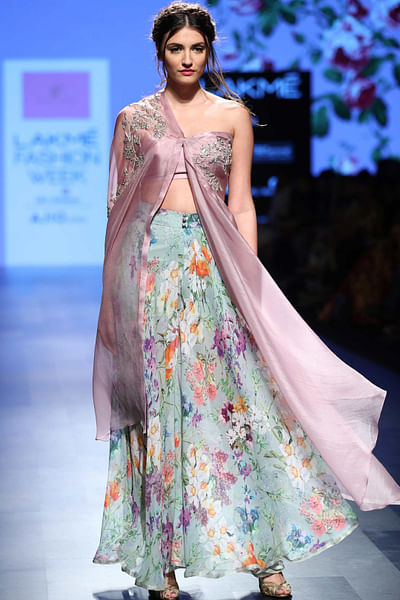 Blue chiffon floral pants with lavender embroidered cape