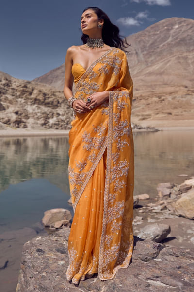 Orange hand embroidered sari set