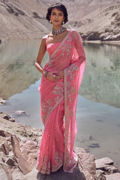 Pink hand embroidered sari set