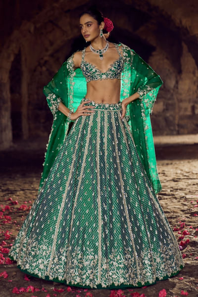 Green embroidered lehenga set