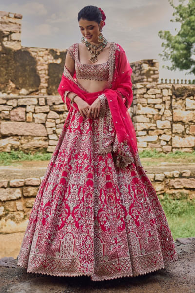 Cherry red embroidered lehenga set