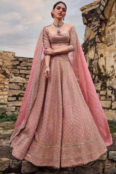 Pinkish peach embroidered lehenga set