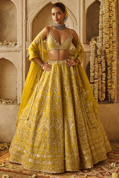 Yellowish green embroidered lehenga set