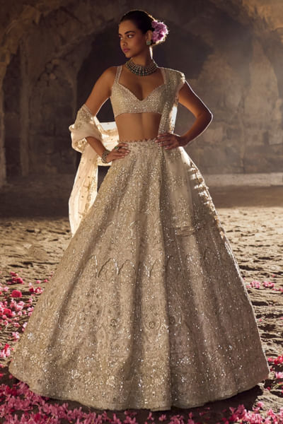 Ivory embroidered organza lehenga set