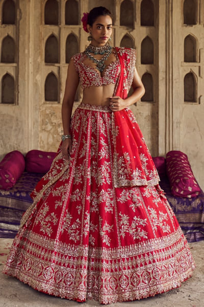 Red embroidered organza lehenga set