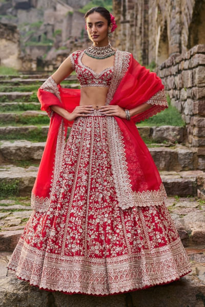 Red embroidered lehenga set