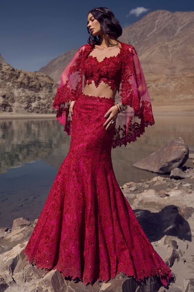 Hot pink floral hand embroidered lehenga set