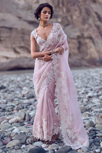 Dusty pink hand embroidered sari set