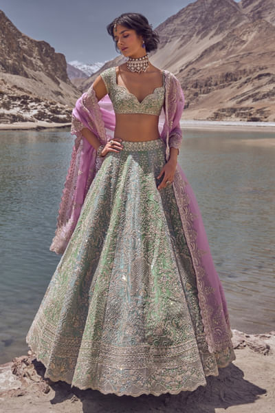 Multicolour hand embroidered lehenga set