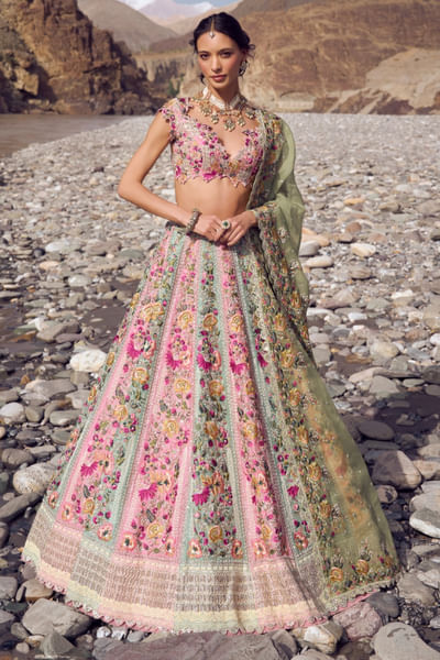 Multicolour floral hand embroidery lehenga set