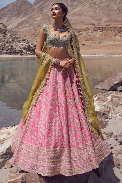 Pink hand embroidered lehenga set