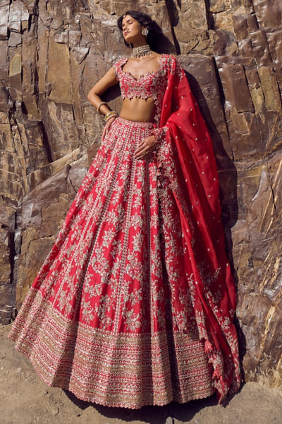 Red floral hand embroidered lehenga set