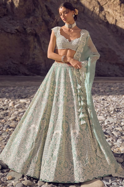 Sea blue hand embroidered lehenga set