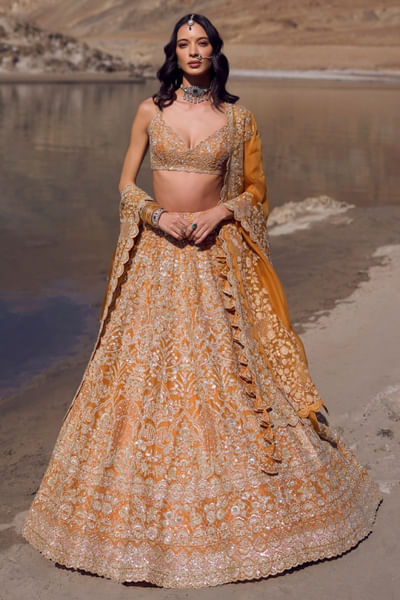 Orange hand embroidered lehenga set