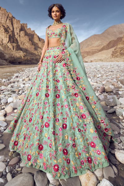 Sea green floral hand embroidered lehenga set