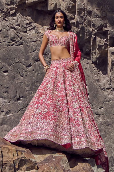 Cherry red hand embroidered lehenga set