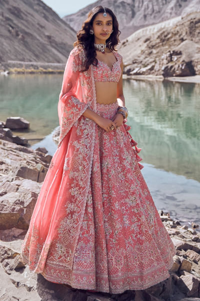 Coral hand embroidered lehenga set