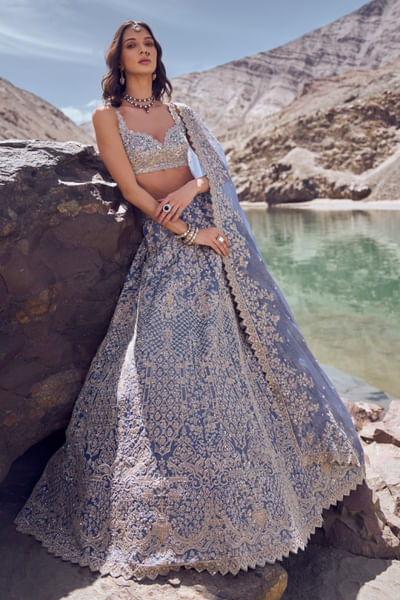 Sky blue hand embroidered lehenga set