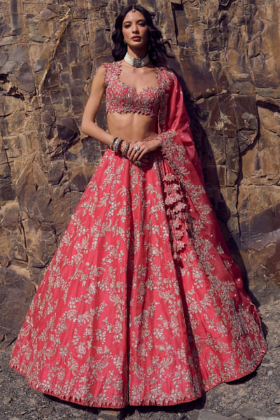 Red floral hand embroidery lehenga set