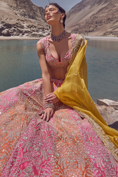 Multicolor hand embroidered lehenga set