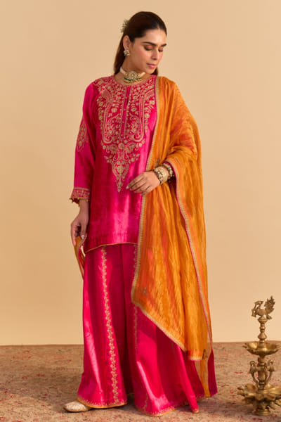 Hot pink embroidered kurta sharara set