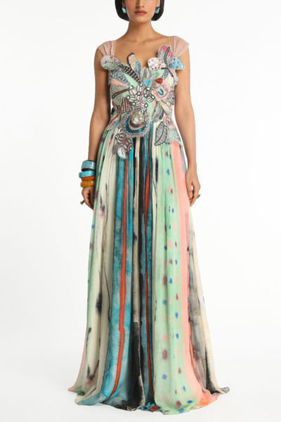 Multicolour 3D appliqued gown